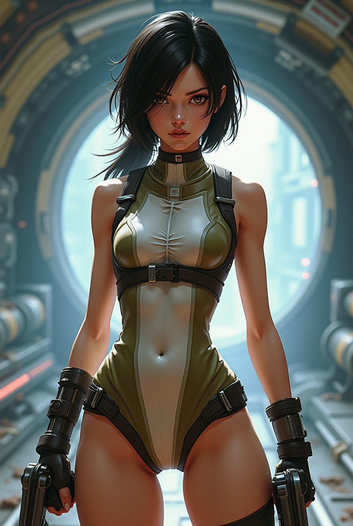 Tall and slender woman; wavy auburn hair; piercing green eyes; fair skin with a few freckles; athletic build; large breasts; confident; girl-next-door look; soft and cute features); in a cyberpunk tunnel; best quality; trending on artstation; dark room with complex volumetric lighting; strong shadows; artistic lighting; dynamic; energetic vibe; realistic skin; specular highlights; micro-textures; highly detailed hair; dressed in ragged clothing