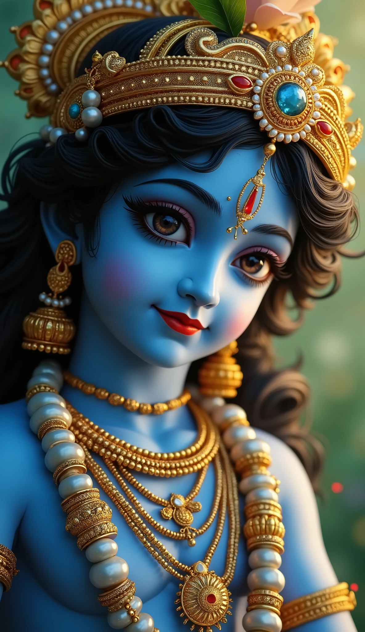 Stunning intricate beautiful illustration, A close-up ,face of Lord Krishna in blue body playing a flute, intricate gold jewelry,luxuries,blink blink,light bokeh,green garden,white fog,front view,sparkling,dreamy