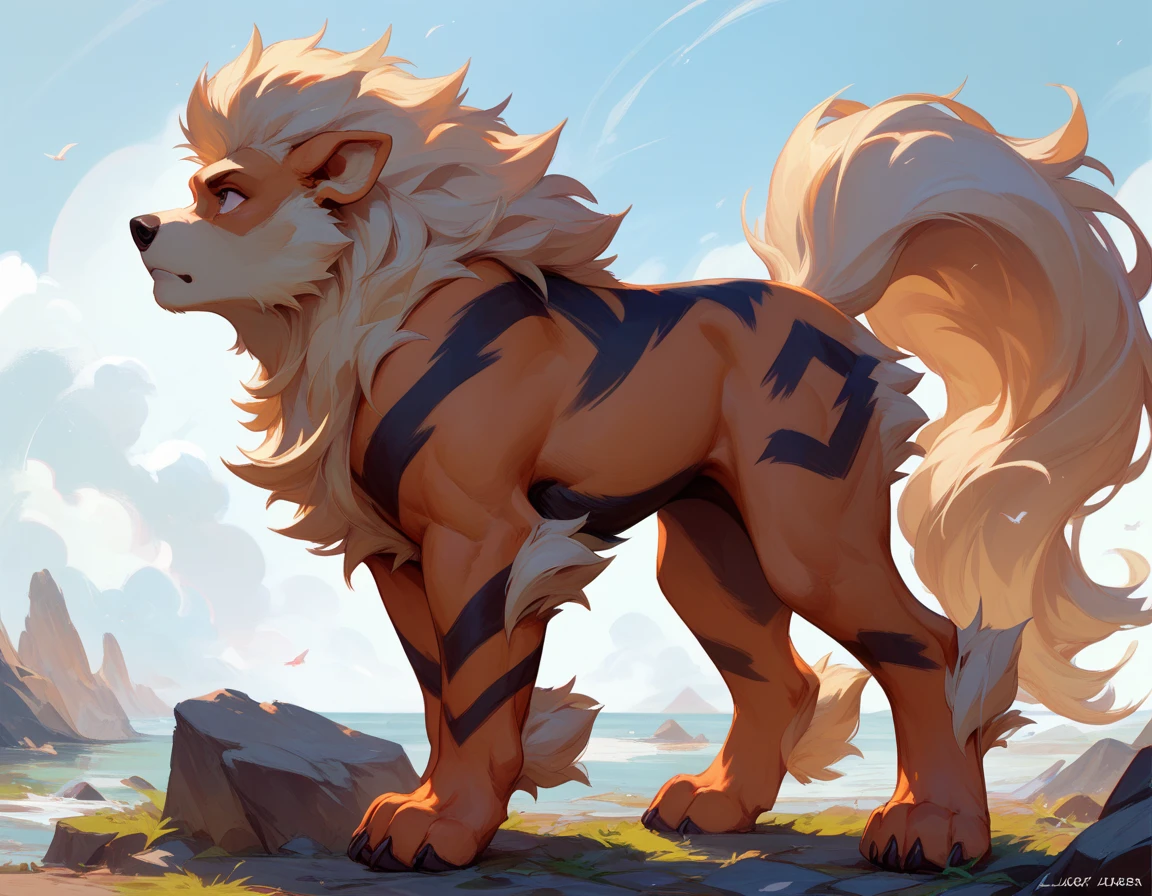 Art by eyrich,by raptoral,male arcanine,solo,(feral),collar,(quadruped),(fully sheathed,sheath:1.2),thick legs,one tail,begging,low angle view,seductive