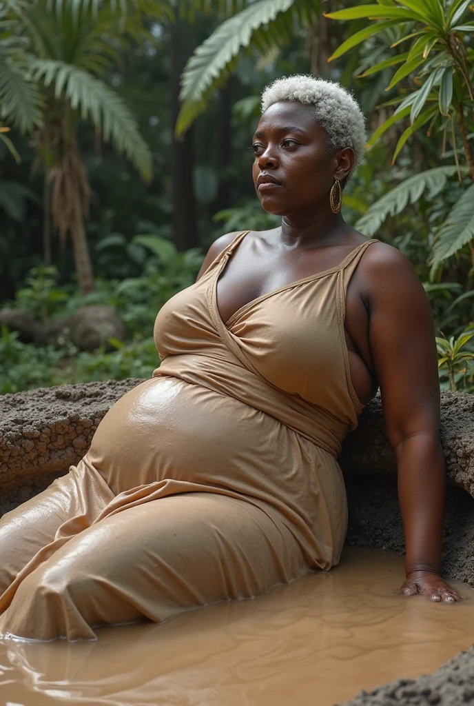 A typical Sierra Leonean woman, wearing typical Sierra Leonean costumes and accessories. Inside a traditional Sierra Leonean site. With a band on his arm in the colors of the Sierra Leone flag. plumpness. beautiful  face. Linda. hyperrealisti. hyper detailled. pregnant breasts. sitting on a bench. Kale.  at dusk. 9 months pregnant. 