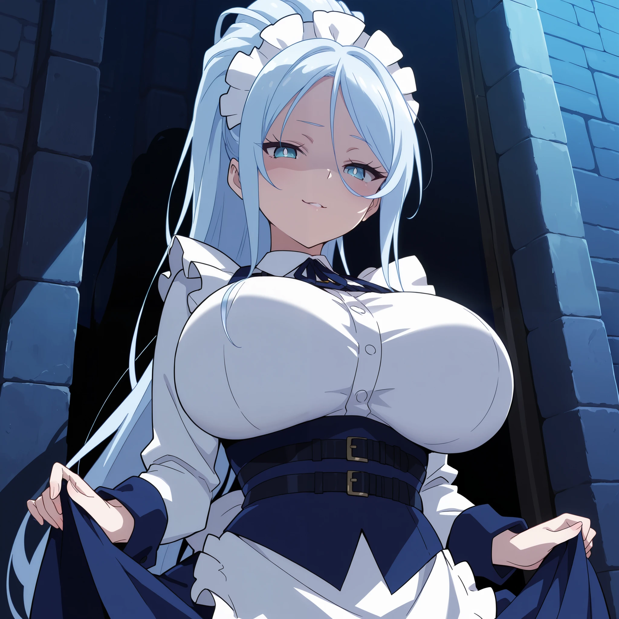 sylpha_langlis, 1girl, seductive smile, solo, maid headdress, blue eyes, blue hair, long hair, ponytail, looking at viewer,huge breasts, maid, shirt, light blue hair, dark alleyway background, night, (masterpiece),(best quality),(ultra-detailed),(best illustration),(best shadow),(absurdres),(detailed background),(very aesthetic),looking down,bright pupils, breast focus:1.8, shaded face,lifting skirt, disgust,