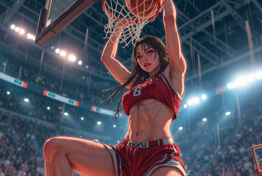Kristin Kreuk, (Digital Painting),(Best Quality), 1girl in,Volleyball uniform,Cute face,Trained shredded veiny abs, heavily muscled legs, wet skins sweat,Volleyball Venues,Dramatic light,from above