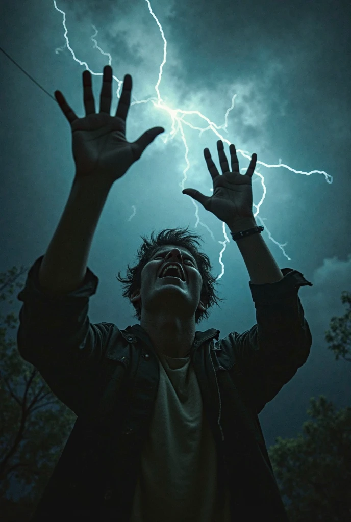 A boy is electrocuted in a comedy drama, covered in soot and left in tatters after being struck by lightning.