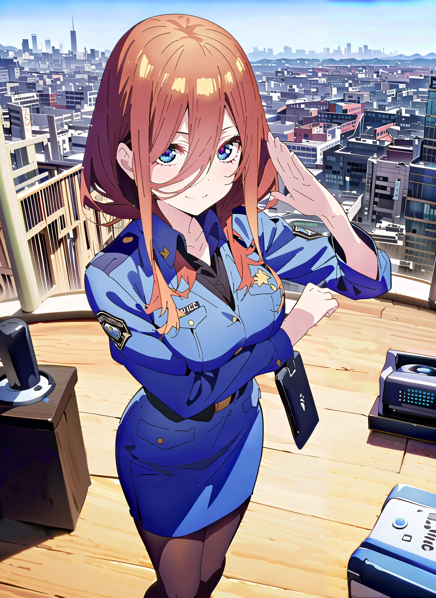 Nakano Future, Nakano Future, long hair, Bangs, blue eyes, brown hair,Wide hair between eyes,police hat, Police Officer Uniforms,blue pencil skirt,Wireless machine,black pantyhose,pin heels, Salute ,is standing,smile,cover,close your mouth,,full bodyがIllustrationsに入るように,break outdoors, City,
break looking at viewer,full body,
break (masterpiece:1.2), Highest quality, high resolution, Uniform 8k Wallpaper, (Illustrations:0.8), (Beautiful Detailed Eyes:1.6), very detailed face,  So that it fits into the illustration, very detailed CG, ( curved body, perfect anatomy),