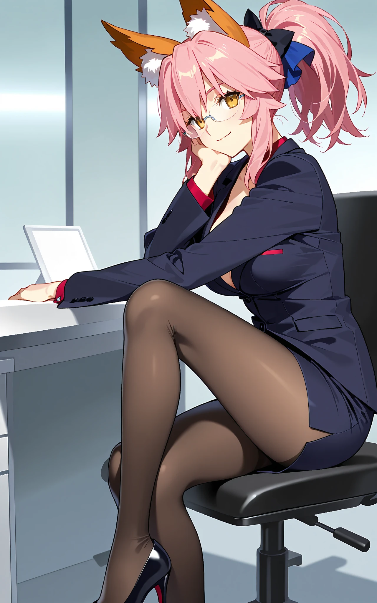 ((masterpiece)), best quality, 1girl, indoor, blush, (wien margarette), <lora:wien:0.8>, small breasts, office, sitting, crossing legs, office lady, pantyhose, black pantyhose,