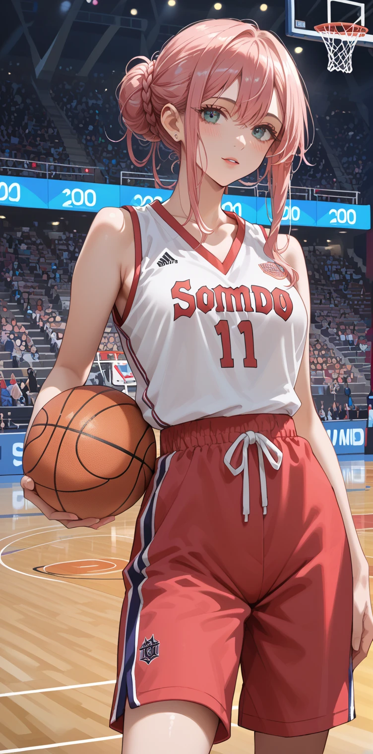 Shizune, short hair, hairband, black eyes, beautiful, gorgeous woman, perfect body, perfect breasts, wearing a basketball jersey, on the basketball court, holding a basketball