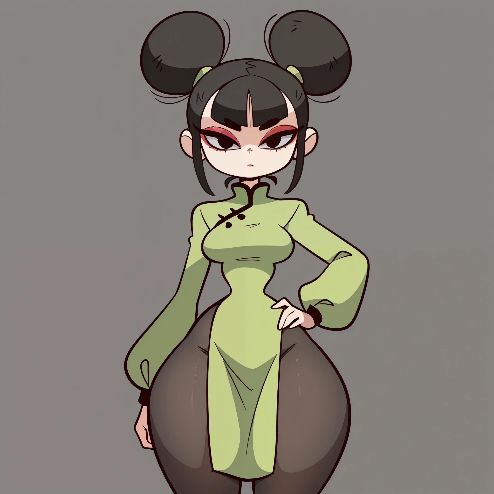 1girl, solo, short black hair, two buns, middle bangs, black eyes, makeup, eyelashes, eyeshadow, medium breasts, narrow waist, wide hips, thick thighs, green qipao dress, long sleeves, black pantyhose, serious, hand on hips, standing, looking at viewer, simple background, from the front view, diives