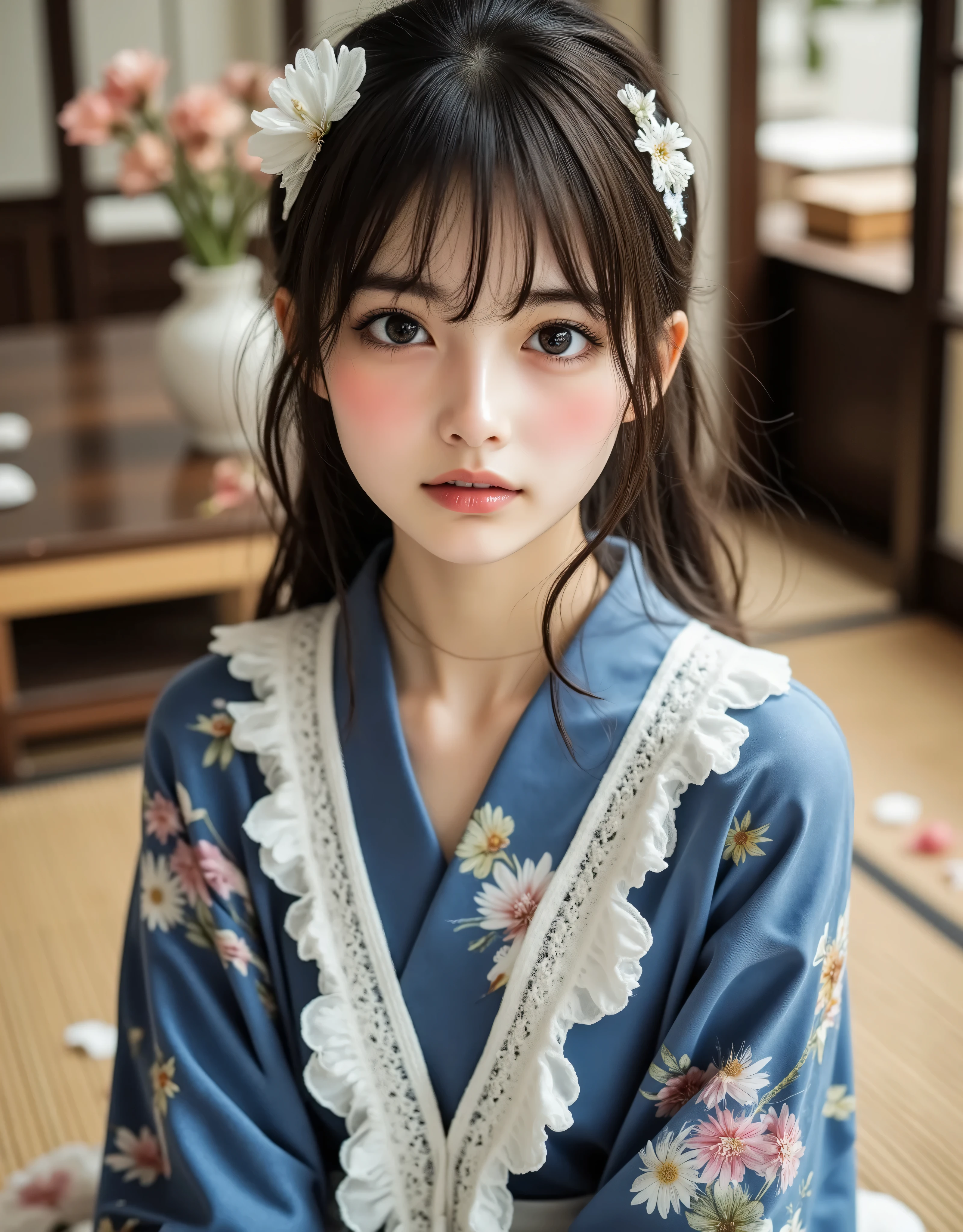 ASİAN, kimono with neckline, wearing top, photoshot, realisitic, baby face, 14歳, lace on bra, good coloration, vivid colors