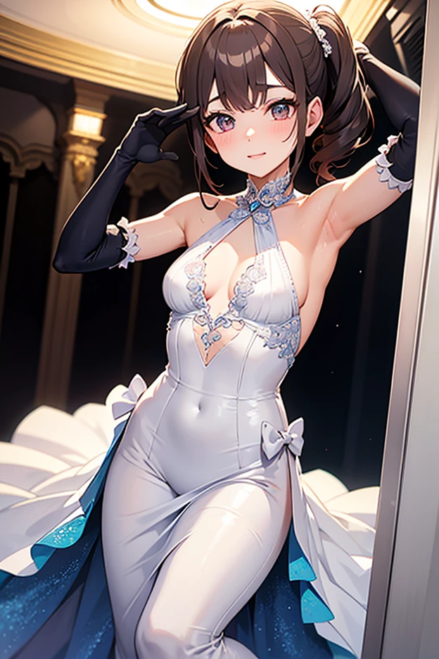 (masterpiece), (highest quality), Super detailed, perfect face, perfect body, 1 girl, beautiful girl,smile、clear、 ballerina、leotard、ballet dress、stand,sexy, white pantyhose、Spotlight stage、dance ballet