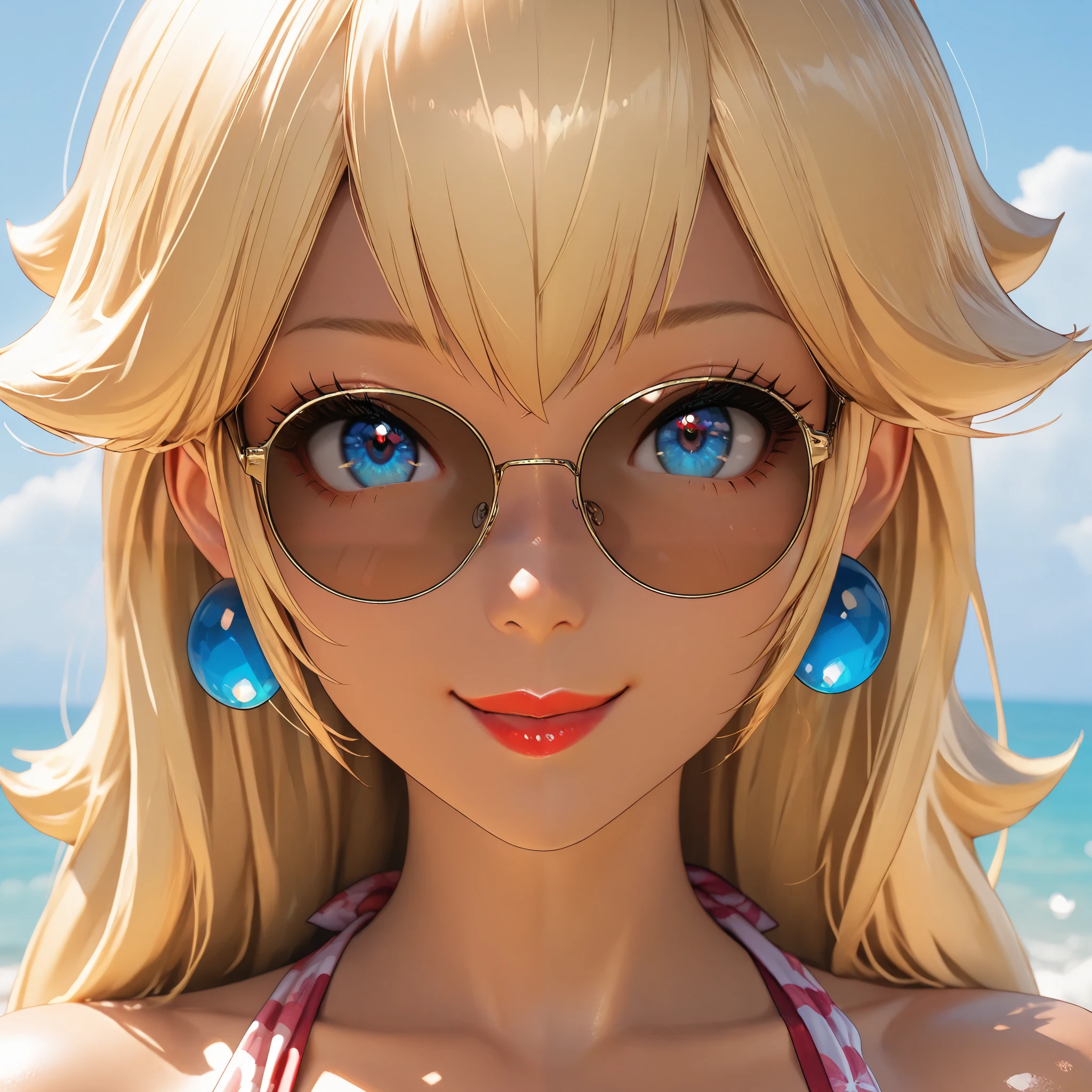 8K,Masterpiece, cgstation, hyper CGI style, extremely detailed art by artgerm, photorealistic chica anime render, 8K anime drawing style, Best Quality, 3d rendering, intricate, cute, hyper detailed, , 27 years old, a woman, sensual smile, red lips, super detailed skin, super beautiful eyes,front,perfect nose, (type of photo: medium shot, portraying the person from head to waist), princess peach, 1girl, blonde hair, long hair, blue eyes, Crown, jewelry, earrings, Young tanned woman wearing a yellow ruffled , Sunglasses, A young woman wearing a red triangle and a sheer white sarong walks barefoot along the shore of the Caribbean Sea. The sun shines in the sky, the waves gently lap her feet, and the palm trees sway in the breeze.