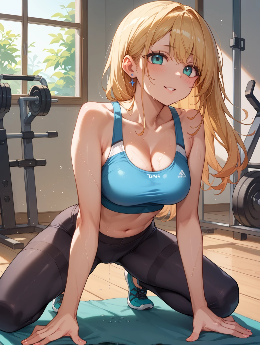 gym, exersice, workout, hot, sweating, sweaty, big , lifting, yogapants, light blue clothes, light blue yogapants, light blue top, see thru, blonde hair, twin tail, blonde twintailz, angry expression,yogapants , sitting on exercise machine , sexy body, curvy woman, plump, black eyes, red eye makeup, gym, big , gym, exercise machine, sitting on exercise machine, exercise machine.
