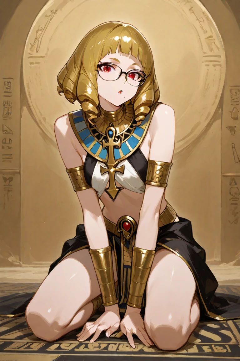 chubby girl, blonde, medium length hair,открытый лоб, без чёлки, green eyes, black glasses with square frames Egypt, ancient Egypt, clothes of ancient Egypt