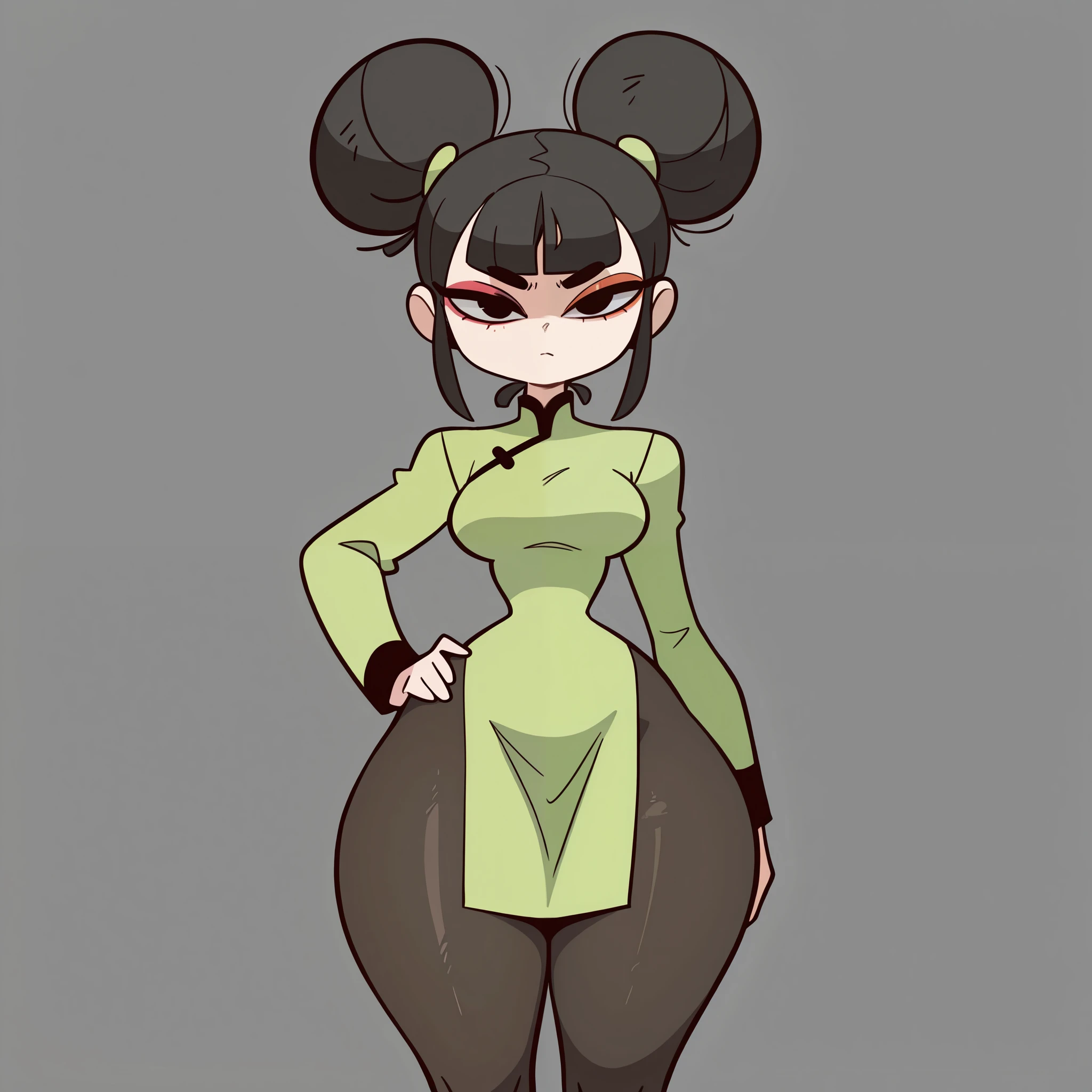 1girl, solo, short black hair, two buns, middle bangs, black eyes, makeup, eyelashes, eyeshadow, medium breasts, narrow waist, wide hips, thick thighs, green qipao dress, long sleeves, black pantyhose, serious, hand on hips, standing, looking at viewer, simple background, from the front view, diives