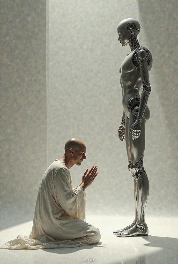 "Do a re-reading of Michelangelo's work "The Creation of Adam", fotografia ultra realista, 8k, With Adam and a robot,  positioning Adam in the place of the Creator and replacing Adam with a robot with cybernetic and futuristic looking artificial intelligence.. Use cybernetic and futuristic shades for the colors.