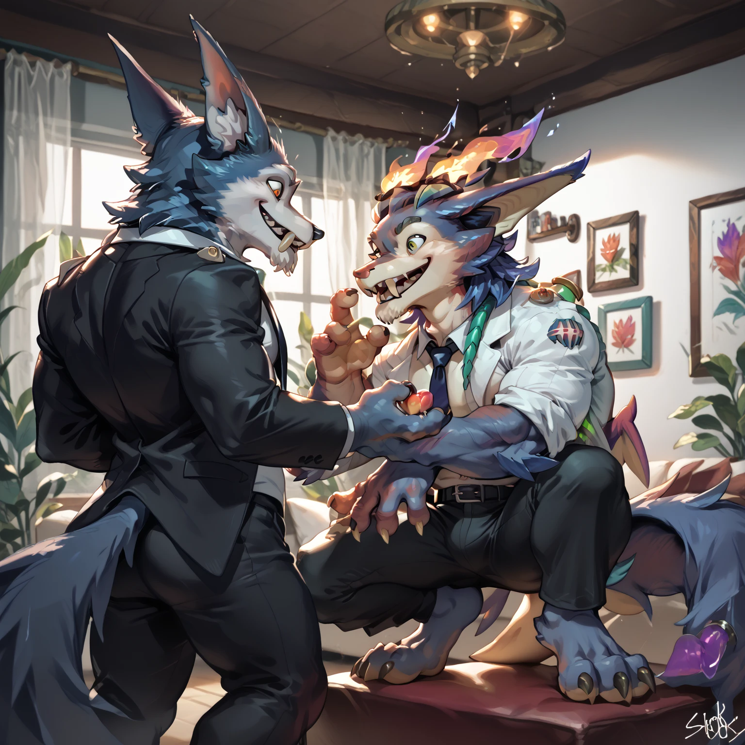Feet up ,Feet_focus duo_focus, an macro anthro MR.wolf bad guys and an anthro beerus hold in other in house lying in only their heart pattern boxers shirtless, (soft shading), 4k, hi res, five fingers, detailed hands, ((detailed face, (detailed eyes:1.0), detailed)), (full body),(by Kenket), by Ross Tran, by Michael & Inessa Garmash, by Pino Daeni, by Kiguri, by Alena Aenami, by Ruan Jia, (MR.wolfbadguys, taller, fur, middle-aged, chest tuft, jock strap, wolf tail), (beerus, shorter, slim body, nude) macro growth, giant size difference , 1 macro and 1micro ,giant size ,macro penis cum hard everywhere,red blush on the cheek, head reaching the ceiling,2boy , playing, 1 wolf touching and masturbation to other beerus, open mouth, saliva, tongue sticking out, sweat , genitals erection , hard drunk face ,handjob, hand behind the head, pointing at bulge, satisfied and teasing look, sigh with a steam from mouth