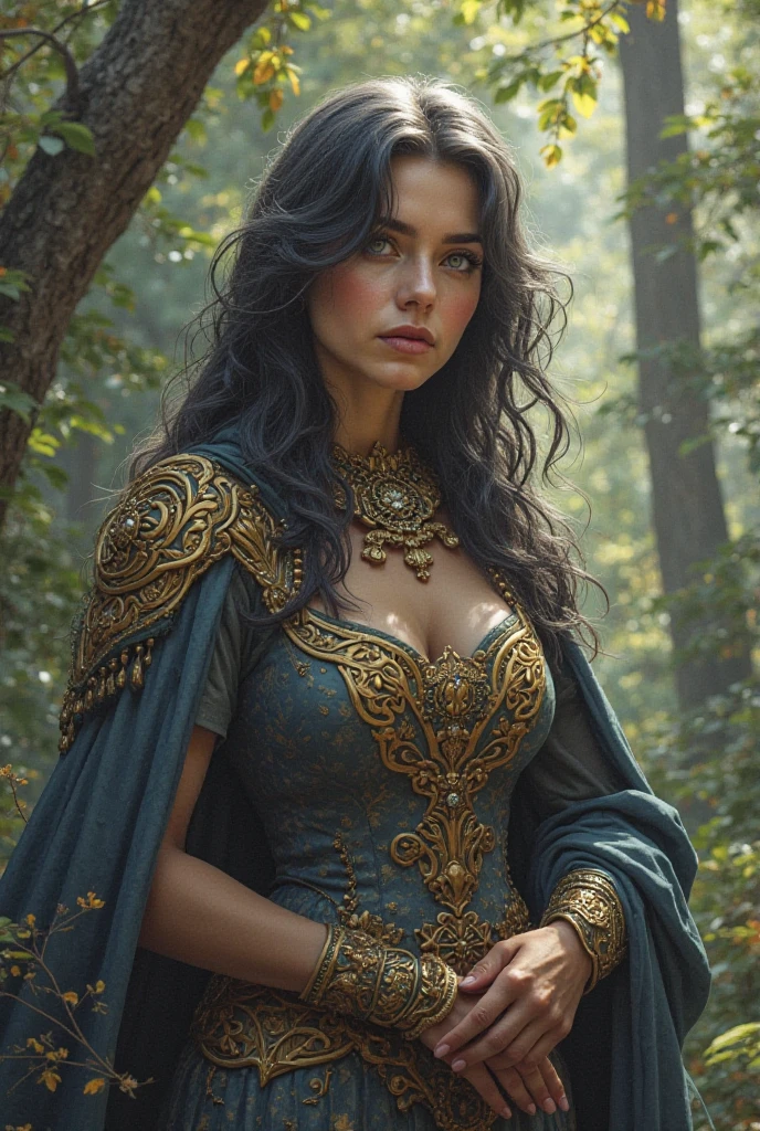 ARWEN (( THE LORD OF THE RINGS)), BEAUTIFUL BLACK HAIR WOMAN, HUGE LONG BLACK HAIR, VOLUMOUS HAIR, BRAIDED HAIR, EXPOSED TIP EARS, VERY PALE SKIN, TURCOISE BLUE EYES, EXPRESSIVE TURCOISE EYES, LOVELY FACE EXPRESSION, GORGEOUS LIPIS, SOFT LIPSTICK, ROSY CHEEKS, HIGH CHEEKBONES, MENTAL FORAMEN, STRAPLESS CLEAVAGE, FRONTAL ANGLE SHOT, LONG VICTORIAN DRESS, SILVER BRACELETS, SILVER CHOKE COLAR, FULL BODY PERSPECTIVE, DEEP FORREST BACKGROUND, DAYLIGHTS, STRONG BACKLIGHTS, SUN, MASTERPIECE
