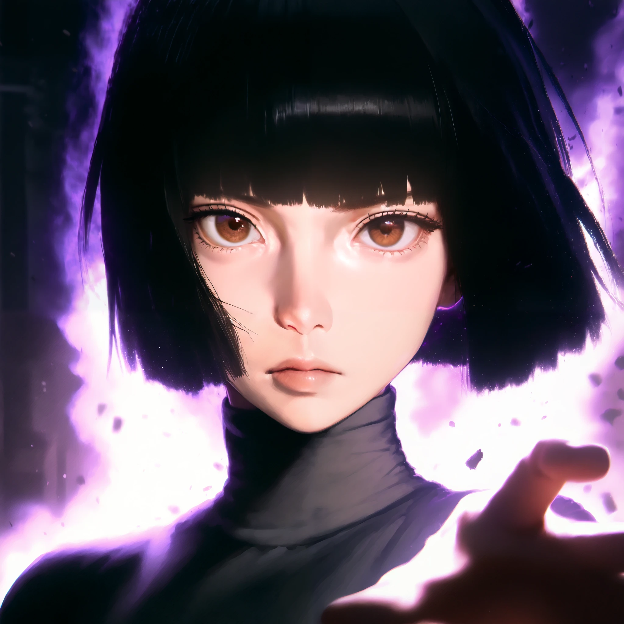 ultra detailed, 8k, ultra realistic, masterpiece, cinematic lighting, 1girl, chinese, 18y, portrait, black hair, blunt cut, bangs, brown eyes, standing, purple aura, debris floating around her, telekinesis, serious, reaching forward, front view, defined lips, bright eyes, gray turtleneck shirt