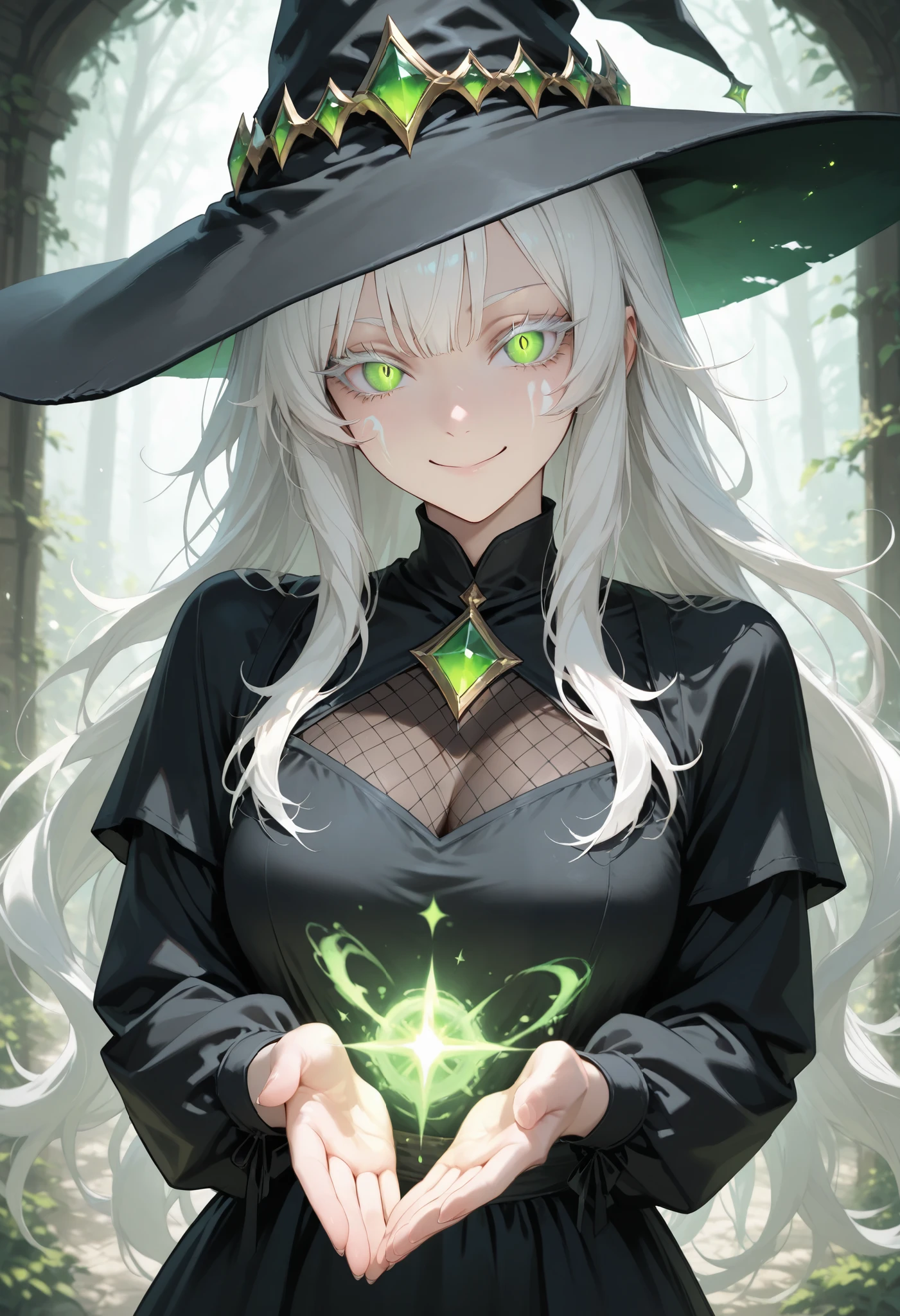 Beautiful, solo, long hair, white hair, white eyelashes, green eyes, sharp eyes, black shirt, black dress, witch, black pointed hat, magic eyes, smile facial