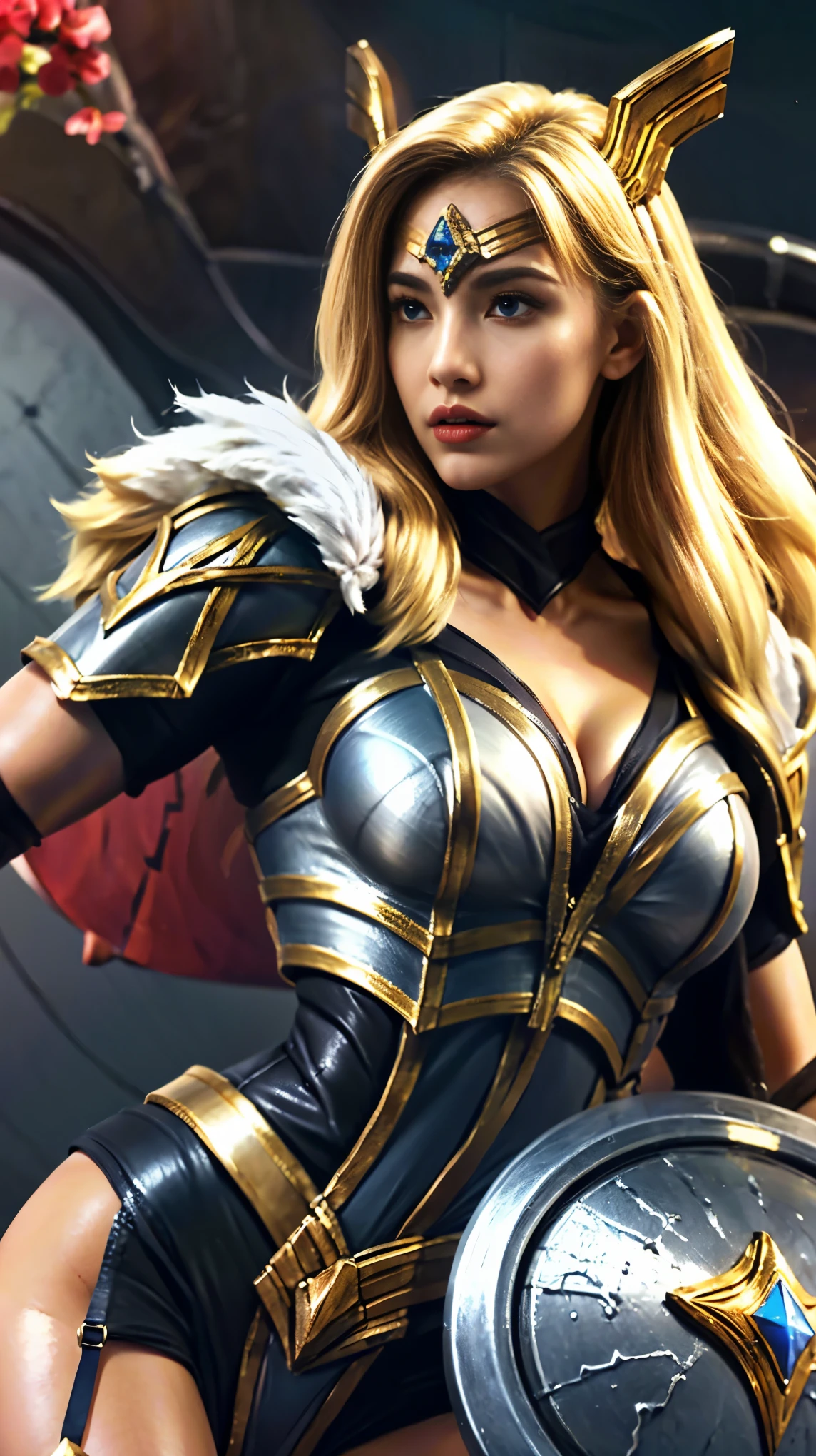 rn9_freya_mlbb, shoulder armor, breastplate, blonde hair, cleavage, cinematic background, big breast, Thick breast, breast ball, Bring sword and Shield, getting ready pose, skin detail, breast skin detail, serious face, Full body, sexy lips, focus face, blue Eyes.