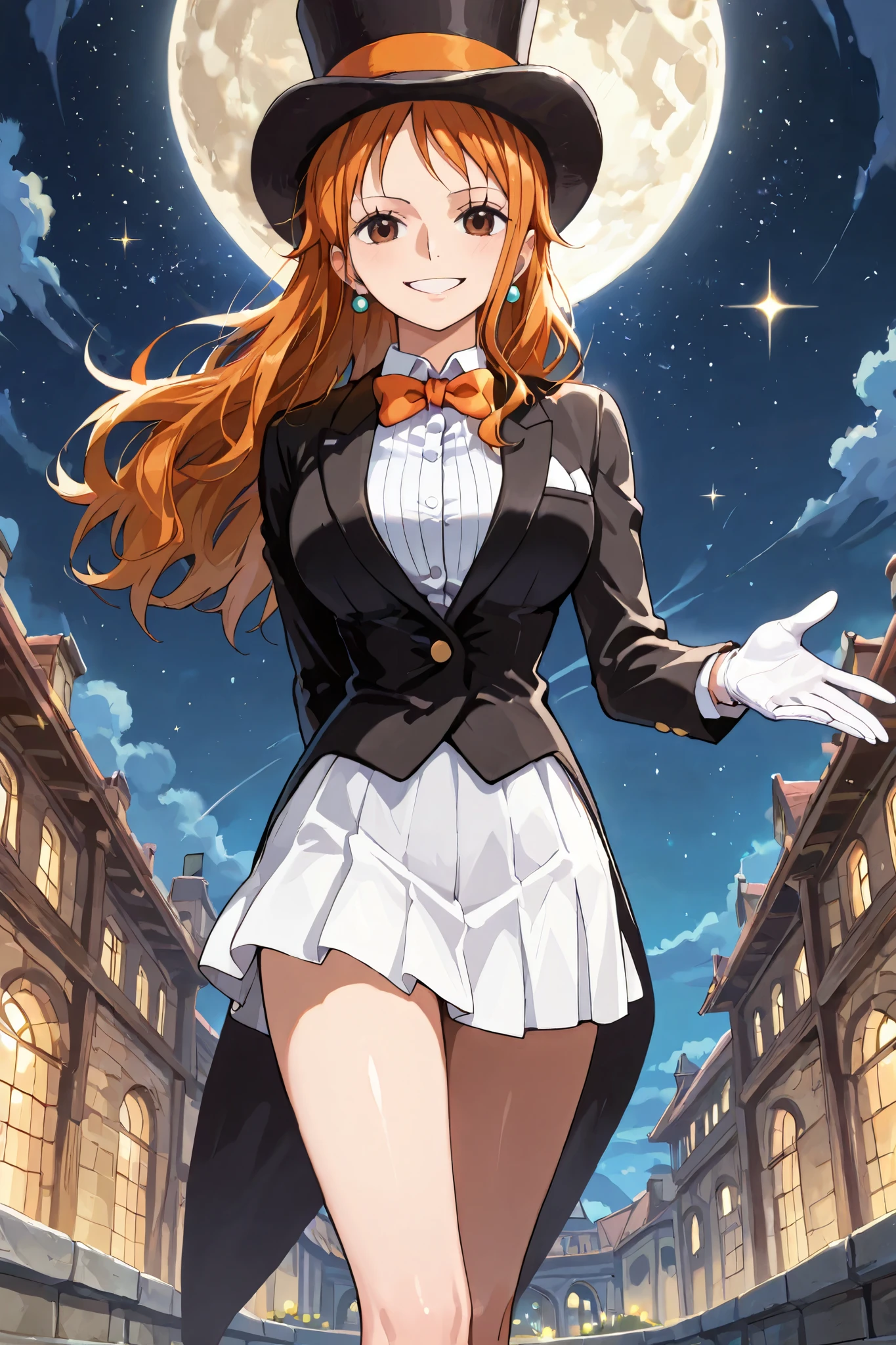 (masterpiece, 2k, high detail) solo, 1girl, nami, one piece, long orange hair, earrings, brown eyes, sleek legs,( large black silk top hat, orange band) black tuxedo jacket, white shirt under tuxedo jacket, orange bowtie, white miniskirt, ((white gloves)), (smiling, graceful, serene), (dapper), posing in a marble courtyard, night scene, starry background, full moon in the sky, bowing, one hand behind back, offering one hand to the viewer, prim and proper pose, elegant pose, razzle dazzle vibes, close up shot, facing the viewer