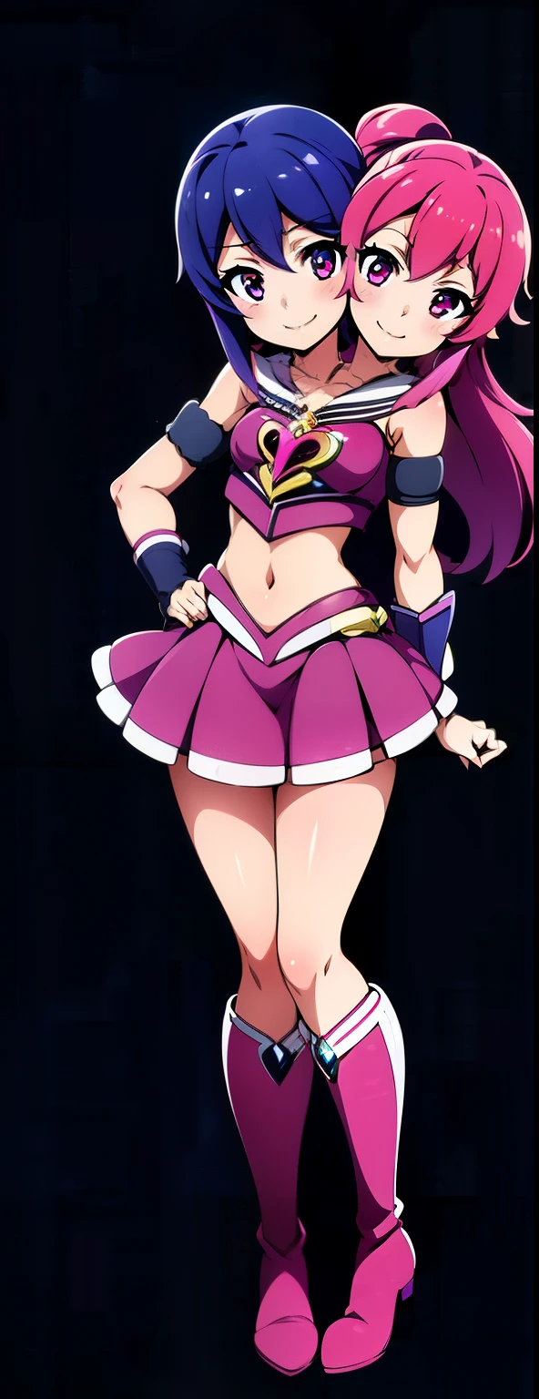(masterpiece),(ultra-detailed), (high quality), (high resolution), (best quality:1.5, highres, UHD), highres, absurdo, ultra detail, ultra quality, Ultra resolution, 16k, (2heads:1.5) 1girl,((hot pink hair)), purple eyes, hair ornaments, red armor chest piece, same hair color, age girl,((red magical girl)), magical girl, gentle smile, high school background, high ponytail, exposed midriff, skirt, full body, boots