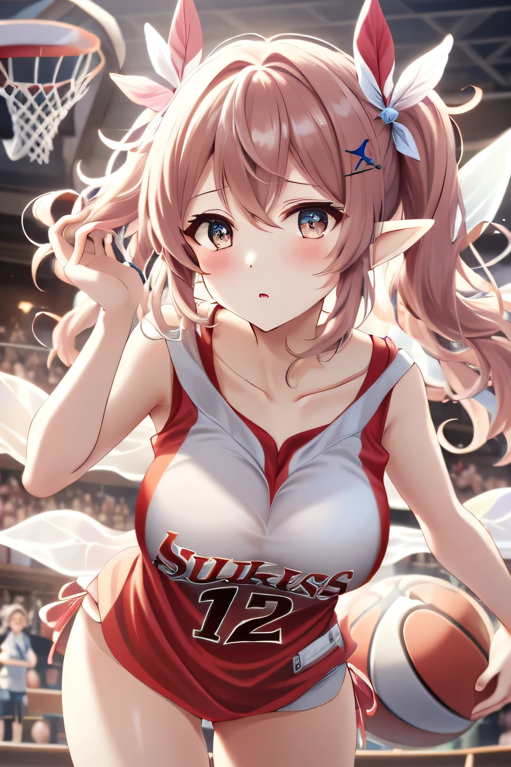 1 female fairy, flying with wing, holding a basketball to ring and net, determined expression, (absurdres, masterpiece, 8K)