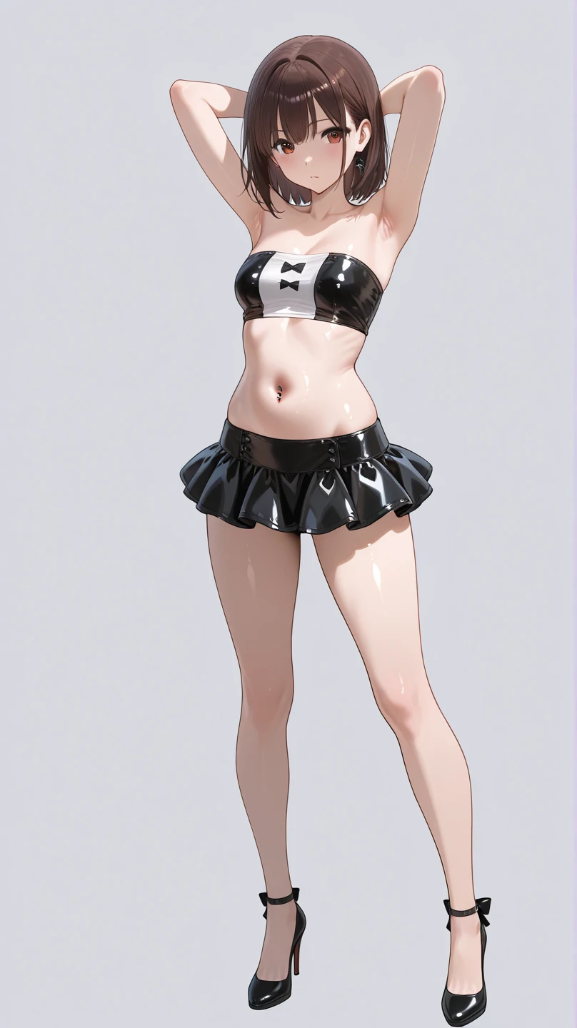 ((Best quality)), ((masterpiece)), (detailed: 1.4), 3D, cyberpunk, a beautiful black-skinned, ultra-detailed, realistic, full body, nagatoro hayase, hairclip hair ornament, brown eyes, (dark skin, dark skinned female):1.2, black hair, (gyaru bimbo | bimbo gyaru, thin toned body, long legs, thick thighs, narrow waist), wide hips, beautiful detailed face, detailed body, detailed eyes, (high-waisted pleated red latex round skirt, tight white shirt tucked in, white thighhighs, heels)