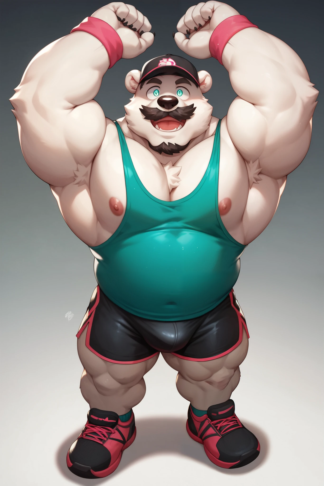 Slight chubby, furry,male , anthro polar bear, plump, adult , mouth covered mustache,Thick beard, seductive  , detailed , full body , tight teal tank top, glasses, black cap, extremely hot and sexy, eye closed, by hyaku ,by darkgem, by glitter trap boy