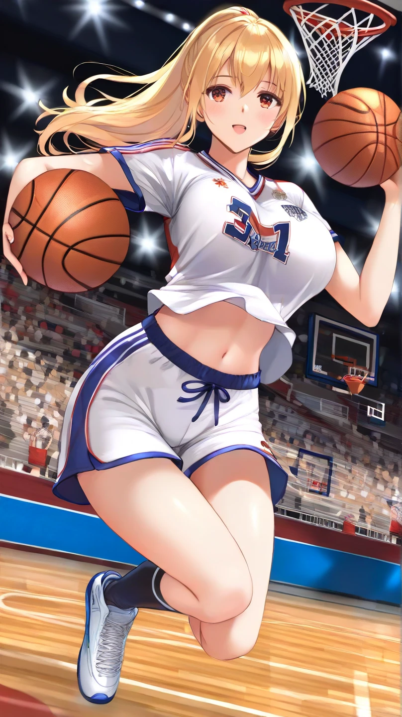 Nsfw,(highest quality,8K,32k,masterpiece),(High resolution),Super detailed,very beautiful face and eyes,1 girl,(close,highest quality,high detail,Rich skin details),(highest quality,8K,oil paint:1.2),Super detailed,tareme,
Blond hair,short hair,Lovely white clothes,Complements a variety of shades of black,There is a delicate makeup,shining face,Exquisite,Brilliantred eyes,Feel like a sweet girl,gigantic breast,nipples,pussy,(basketball uniform),gymnasium,(smile:1.5),(standing naked men,penis,handjob:1.3)