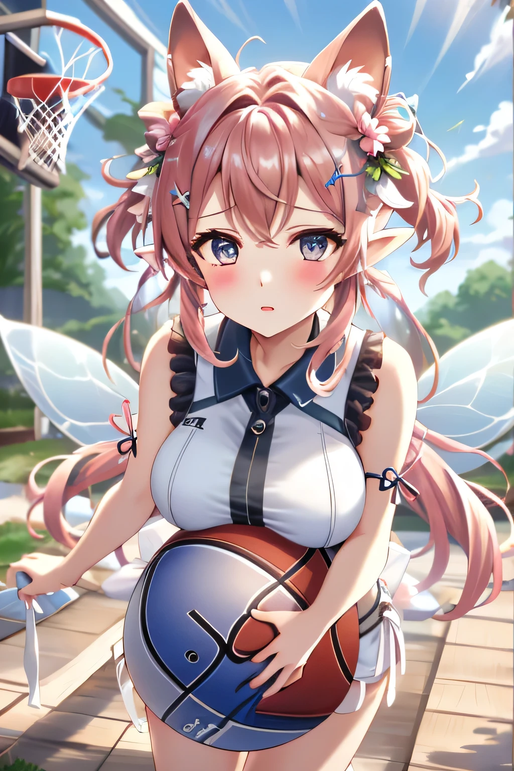 1 female fairy, flying with wing, holding a basketball to ring and net, determined expression, (absurdres, masterpiece, 8K)
