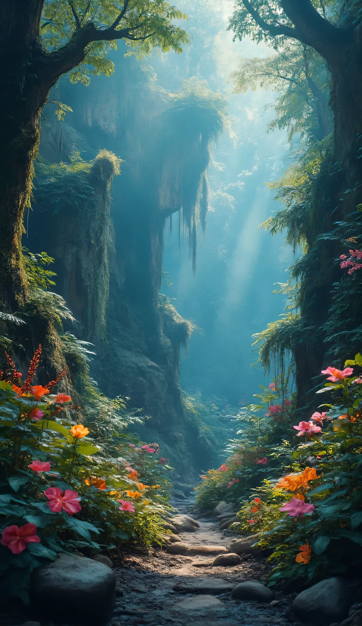 masterpiece、fantasyワールド、best quality、High quality dvd、very detailed 8k wallpaper、Textured Scenery by Greg Staples、World's 、Colorful Jungle Scenery Pictures、(Natural Scenery)、high resolution、photorealistic、very detailed、Popular on Artstation、Popular on CGSociety、complicated、high detail、Dramatic、RTX on、Magical Sparkling Flower、(fog)、fantasy、