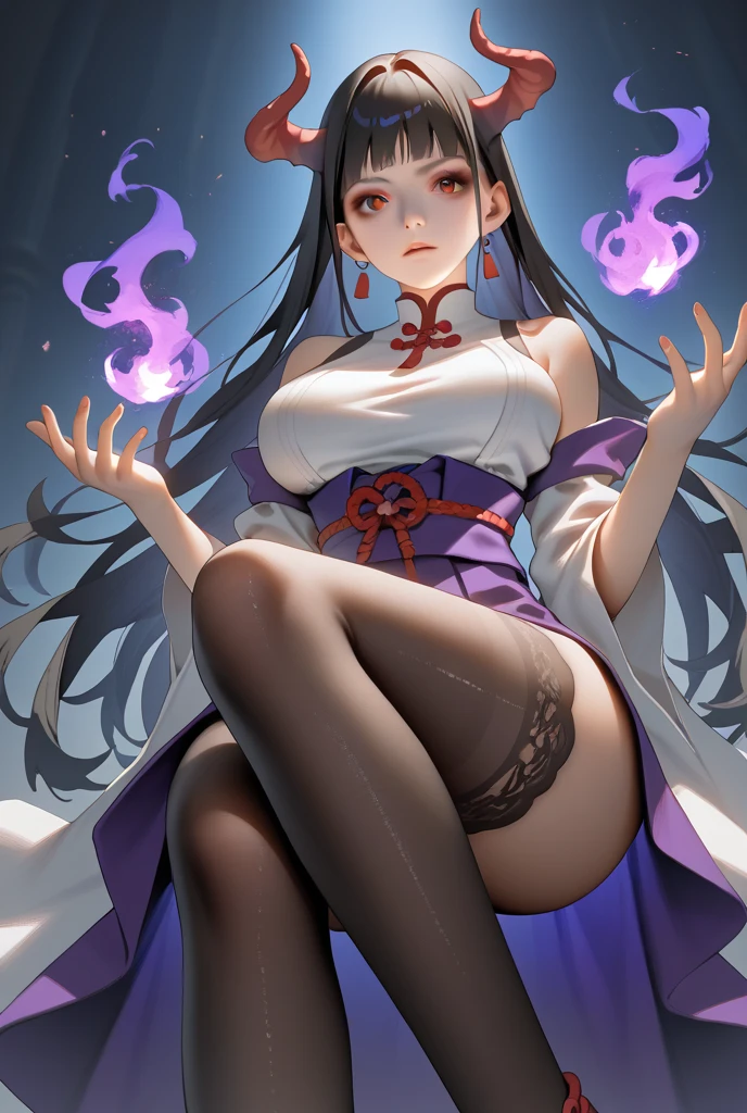 Grown-up girl, Long black hair with white strands, high ponytail, red eyes, purple lipstick, white chinese dress, Sleeveless, open breasts, open belly, smirk, Violet Flame, Masterpiece, hiquality, 4k, HD, Good detail