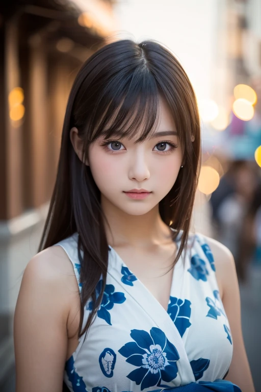 Tabletop、masterpiece、One Girl、Front view from the front、Japanese、Very young and pretty woman、(The cutest girl in the world)、15-year-old student、Makes your face smaller、Big ample breasts、Attractive person、Super cute face、Glossy Lips、Double eyelids on both eyes、 Natural Makeup、Long eyelashes、Black Hair、Asymmetrical Bangs、Center image、8k resolution、Advanced Details、Detailed hairstyle、Detailed face、Great cinema lighting、Vibrant、Ultra-realistic、Perfect limbs、Perfect Anatomy、Against the background of fireworks、Wearing a yukata、View from the waist up、