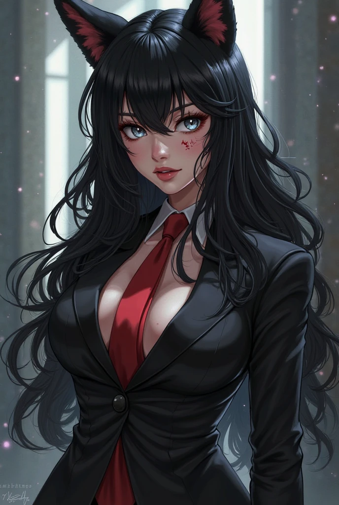 I used to be innocent, trusting everyone and seeing the good in everything. But betrayal and pain changed me. Now, I'm cold, guarded, and no longer the naïve girl I once was. The world taught me to be tough, and I’ve learned to protect myself, even if it means shutting others out, confident, tall amd sexy, Anime girl, black suit ,big breasts , glowing eyes, smirking 