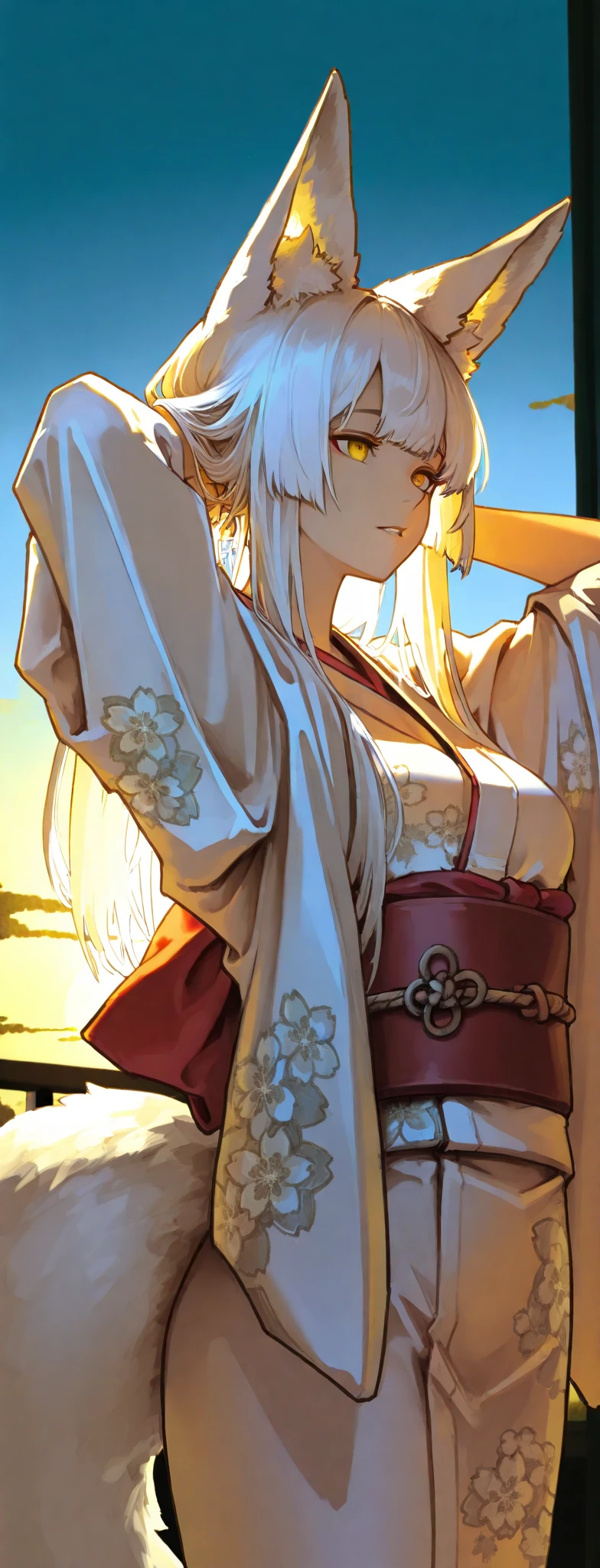 Detailed illustration in anime style. Young woman with long flowing platinum blonde hair. Intense and seductive expression ､Slightly flushed cheeks. She wears an elegant, form-fitting white outfit with an intricate golden Art Nouveau pattern. A backless top and high-waisted pants, her body is posed in profile, looking over her shoulder. She has a glossy butt, and large red earrings. Overall, the look is fierce and elegant, with a strong emphasis on the intricate details and glittering elements of the clothing.High resolution, Anatomically correct, Highest quality, 