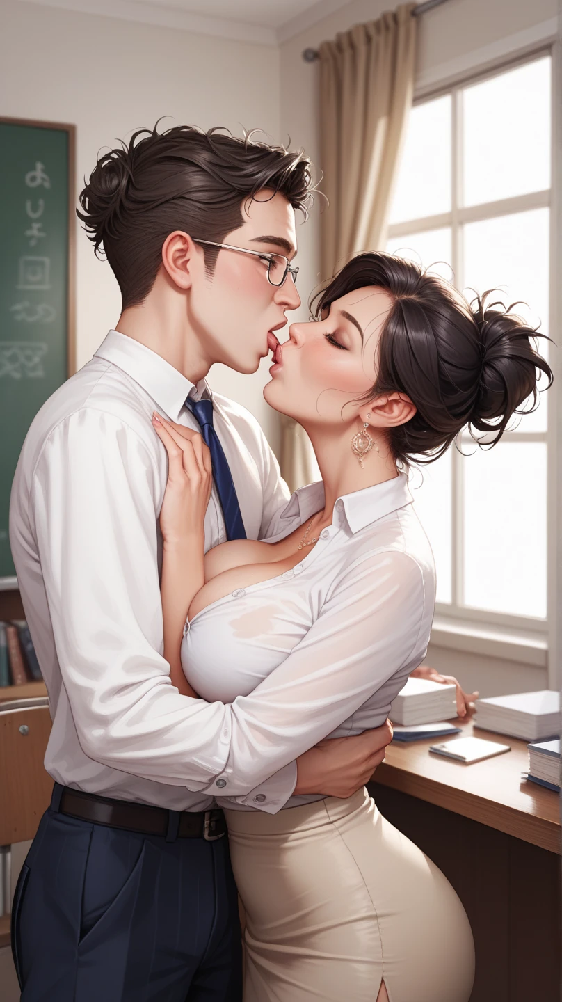 Busty slender mother and cute son have passionate sex, 18 year old son.
