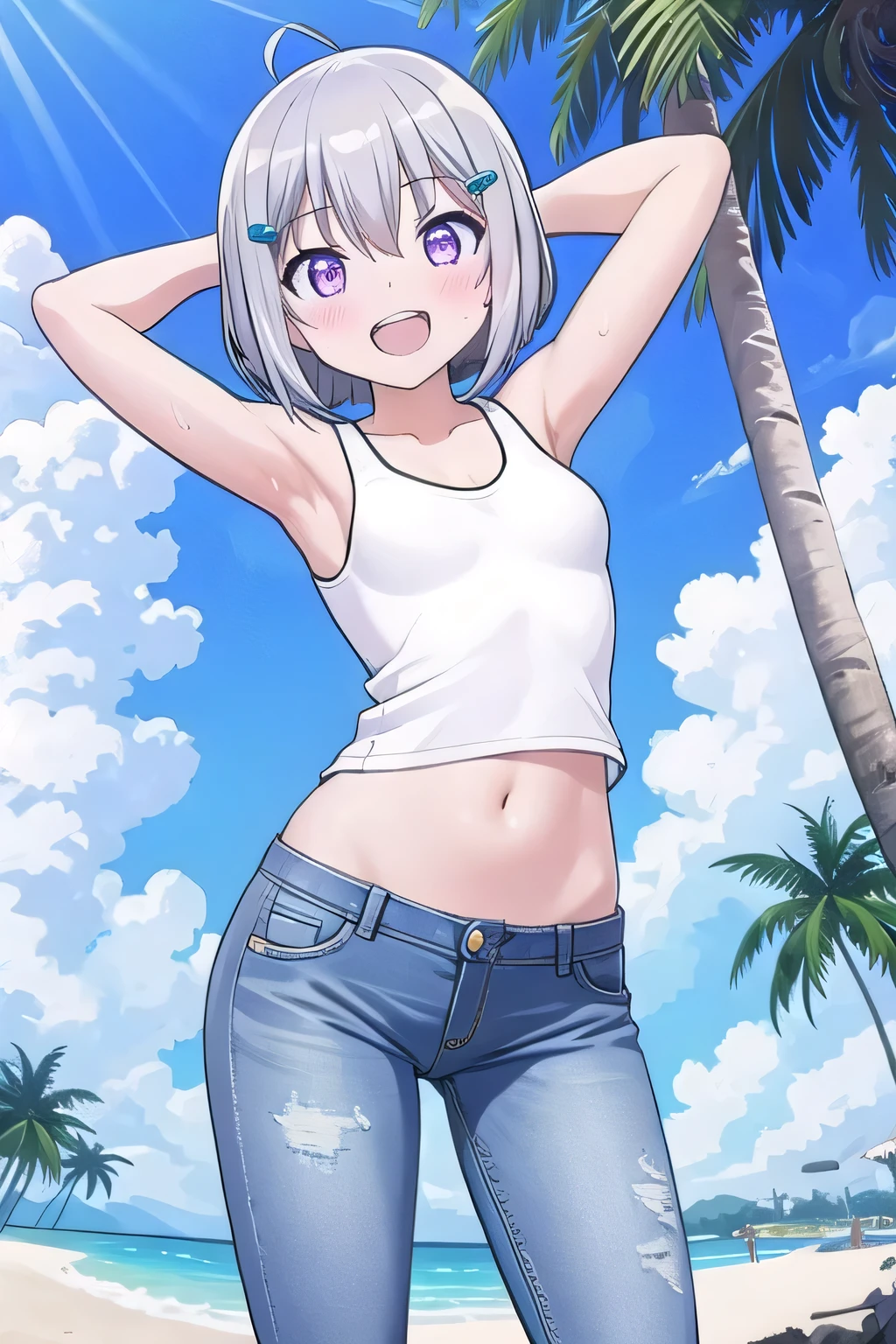 (kinako_(shiratama mochi) style), curren_chan_\umamusume\), ((topless)), nsfw, masterpiece, denim shorts, buttoned, belt, holding smartphone, solo, 1 girl, horse ears, horse tail, erect nipples, nipples, navel, bare breasts, bare stomach, sweaty, cowboy shot, hair ornament, outdoors, dubai, dancing fountain, collarbones, night sky, moonlight, skyscrapers, slim waist, white hair, short hair detailed eyes, beautiful eyes, wet, purple eyes, necklace, winking, peace sign, gold bracelet, gold cutouts, jewelries, city
