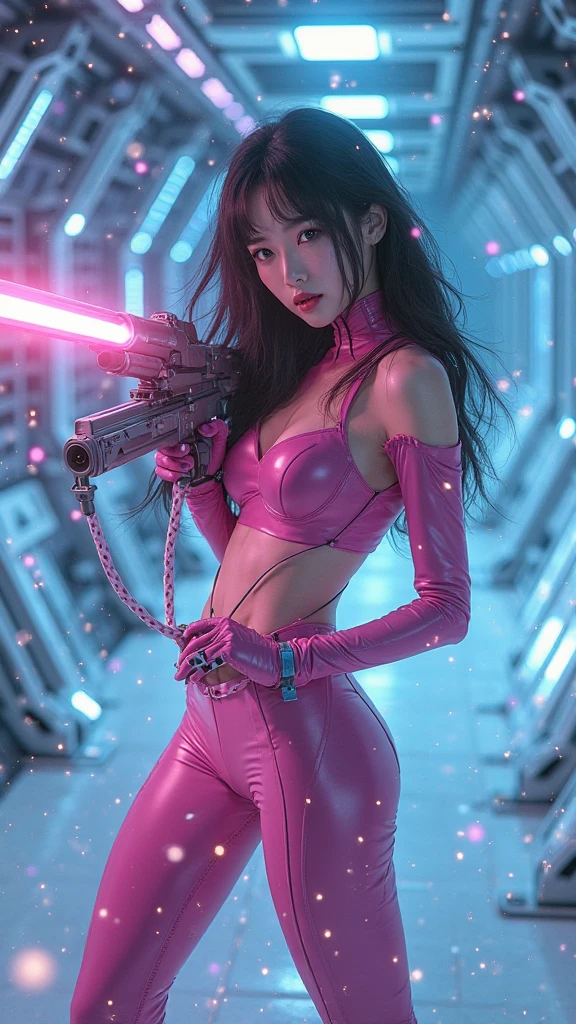 Lucy Liu in a scifi sexy battle suit (pink chrome) wielding a light sword (pink), bubblegum hair, streets of Bangkok challenging an Alien Xenomorph 'ROUND 1 FIGHT!' written in large letters along the bottom of the screen (Alert: only one light sword, only one light sword blade)