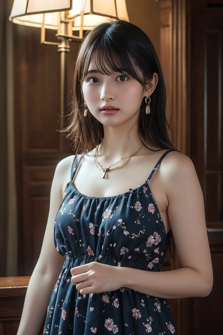 (Highest quality:1.4),(masterpiece:1.4),(Realistic:1.4),(Realistic:1.2),(超High resolution, RAW Photos:1.4),(High resolution, Ultra-detailed:1.2),(8K:1.2),View your viewers,Cinematic photography,One girl,skeletally correct,Black-haired woman,(Small earrings,necklace,Floral nightdress,View from the front),(Western-style building interior,Dimly lit room,The lamplight shines on my cheeks、Sit on the sofa)