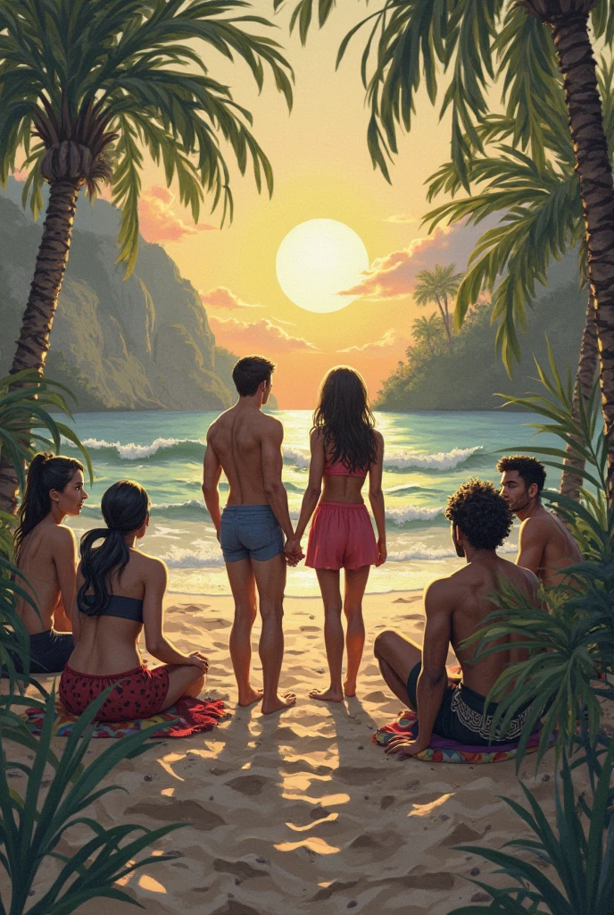 The sun filters through the trees, casting a golden glow on the stream where they stand. Alex flexes his biceps, Jordan adjusts his swim briefs, and Mia ties her bikini strings tighter. They're all smiling, feeling energized by the fresh air and the exciting shoot ahead.