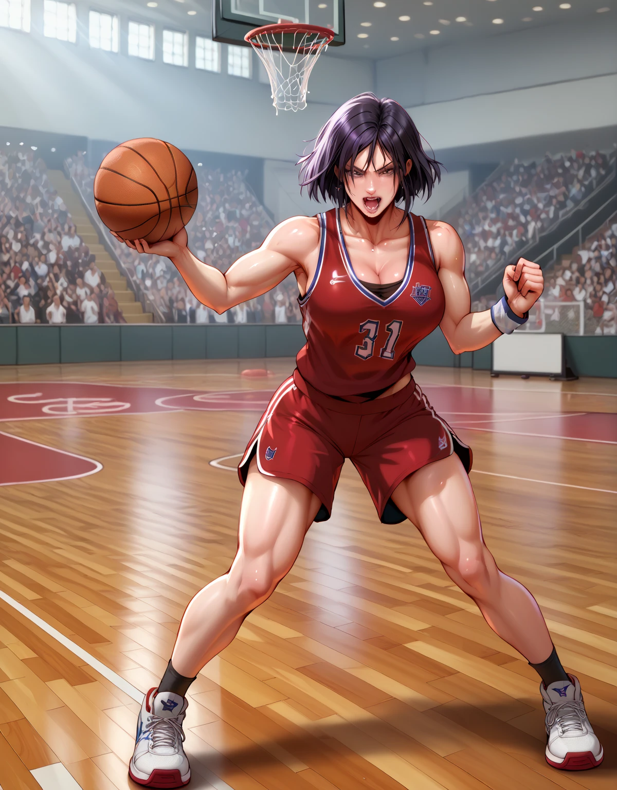 1girl, fit toned body, ariela raven, basketball player, in basketball court, high quality, professional photography, dynamic action pose, dribbling basketball, intense expression, perfect form, court floor, basketball hoop, high jump, dunk, stadium lighting, crowd cheering, action motion blur, cinematic lighting, photorealistic, 8K, HDR, physically-based rendering, vivid colors, dramatic shadows