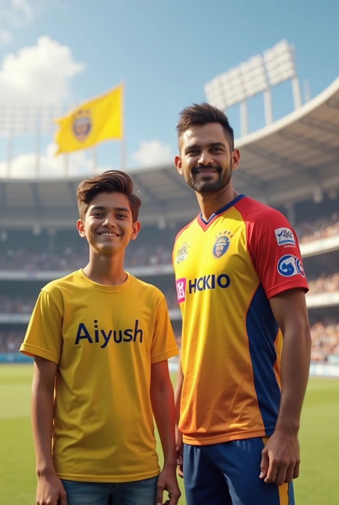 (create a 21 years old teenage boy wearing red t shirt with name “mohan” written on it, and standing with virat kholi and virat kholi is wearing royal challengers bengaluru and, background featured ipl stadium. rcb flags flying in the background of them. generate high resolution realistic image, 3d illustration.