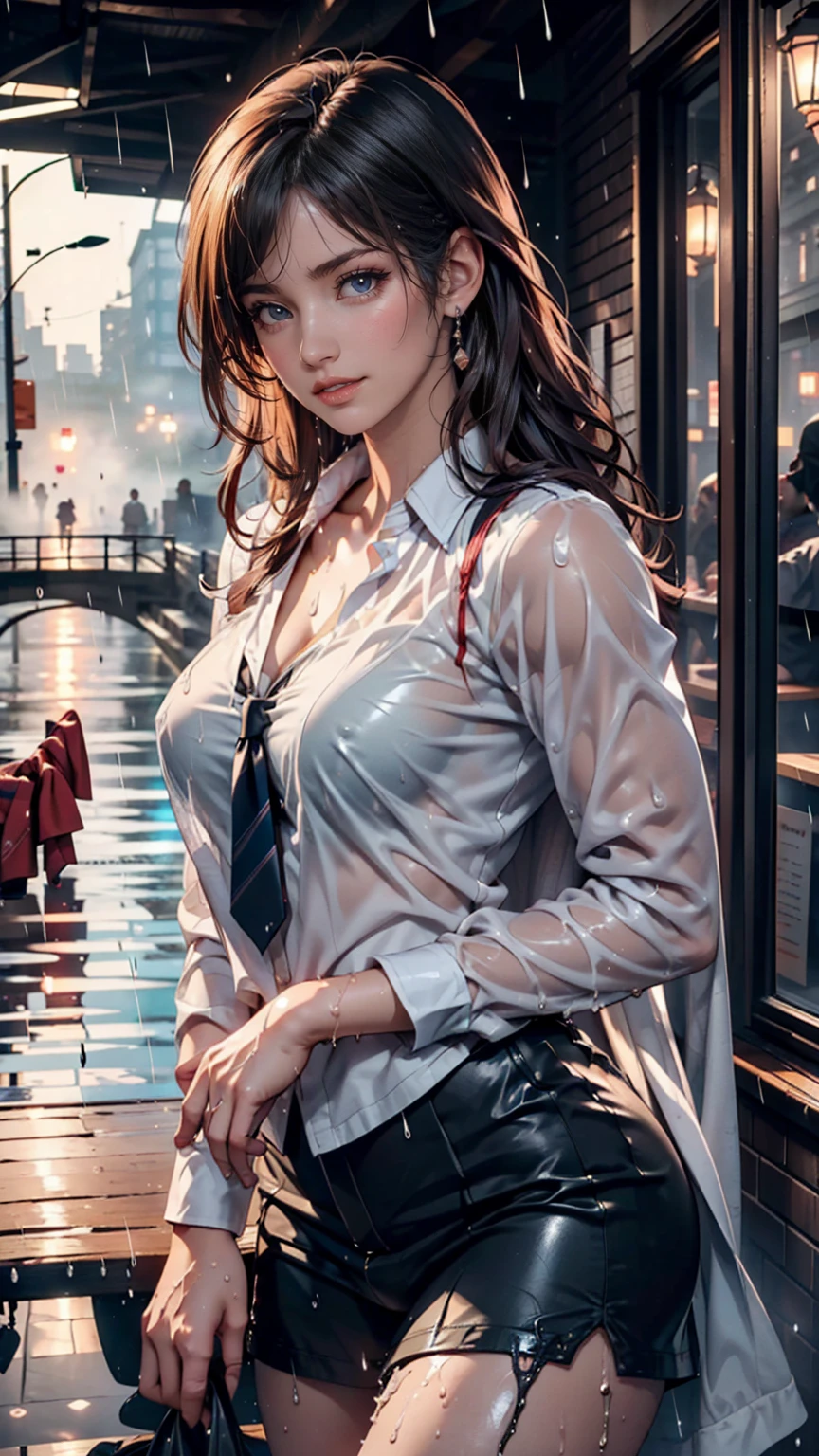 (Realistic:1.5, 16K, Highest quality, masterpiece, Ultra-high resolution), Perfect dynamic composition:1.2, (Downtown at night), (Expressions of sadness:0.9), (Squat with your knees bent:0.9), Highly detailed skin and facial textures, Young Japanese woman getting wet in the rain, Incredibly slim body, Fair skin:1.2, Sexy beauty, Very beautiful face:1.2, Water droplets on the skin, (Rain drips down on my body:1.2, Wet body:1.2, Wet Hair:1.3), (Wet tight skirt:1.2, Wearing wet formal clothes:1.3), ((The shirt is fully buttoned)), ((Fully open shirt)), (Shapely large breasts, Chest gap), ((A wet, see-through shirt:1.5)), ((No bra)), ((See-through nipples)), (Big eyes that exude beautiful eroticism:0.8, Lips that exude beautiful eroticism:0.8), necklace, Earrings, bracelet, wedding ring, Shoulder bag, clock