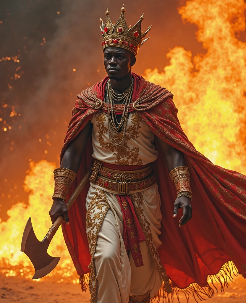 "A powerful and majestic depiction of Xangô, the Yoruba orixá of thunder, lightning, fire, and justice. He is shown as a strong, regal African man, wearing traditional Yoruba attire including a crown and vibrant red and white robes. Xangô is holding a double-headed axe (oxé) symbolizing his power. The background features a stormy sky with lightning bolts, representing his control over thunder and lightning. The scene is dynamic and filled with energy, highlighting his fierce and just nature."
