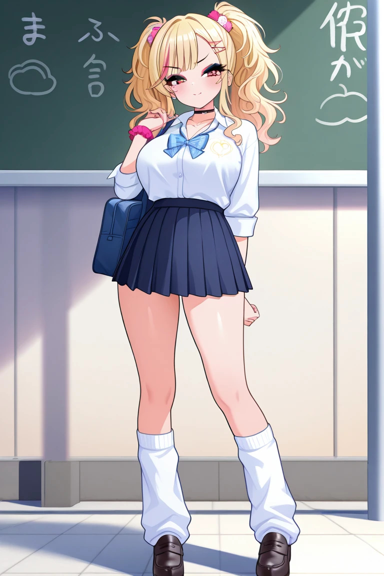 ((masterpiece)), (best quality:1.7), (detailed:1.4), (high res:1.4), 8k, (colorful:1.5), 2d, high resolution, sharped image, 4k, hd, 1girl, solo, anjou_(yancha gal), blonde hair, yellow eyes, full body, cleavage, school custome, stading, school, tables, chairs, smile, black skirt, pleated skirt, hands on own hip, medium breasts, big hips, curvy body, gyaru, yellow cardigan, collarbone, collared shirt, :q, taesing, black socks, <lora:anjou-san:0.7>, <lora:thickerLinesanimeStyle:0.6>