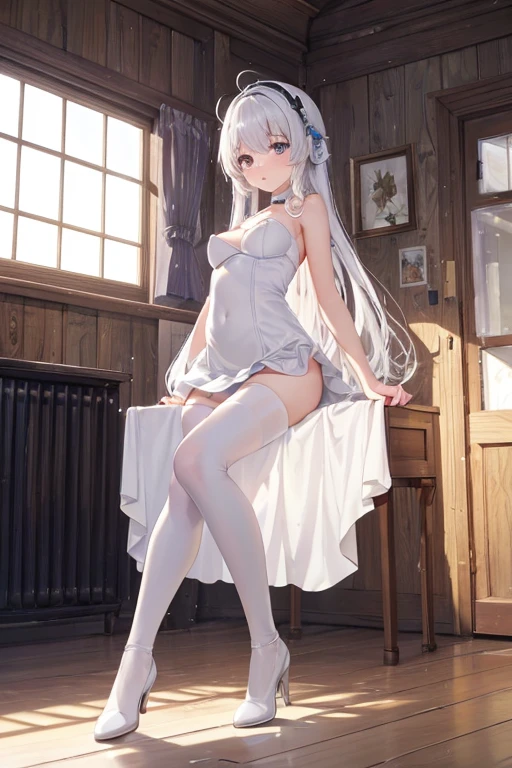118 year old girl uniform blazer laughter Long silvery twintail hair highest quality masterpiece Super high resolution beautiful girl big breasts Loose sock style beautiful girl M-shaped legs ((red detailed lace lingerie))mischievous