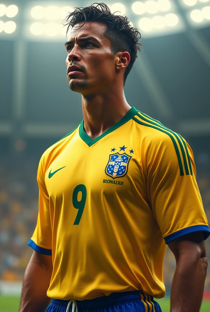 White man standing in front of soccer field, holding a ball, wearing brazil shirt