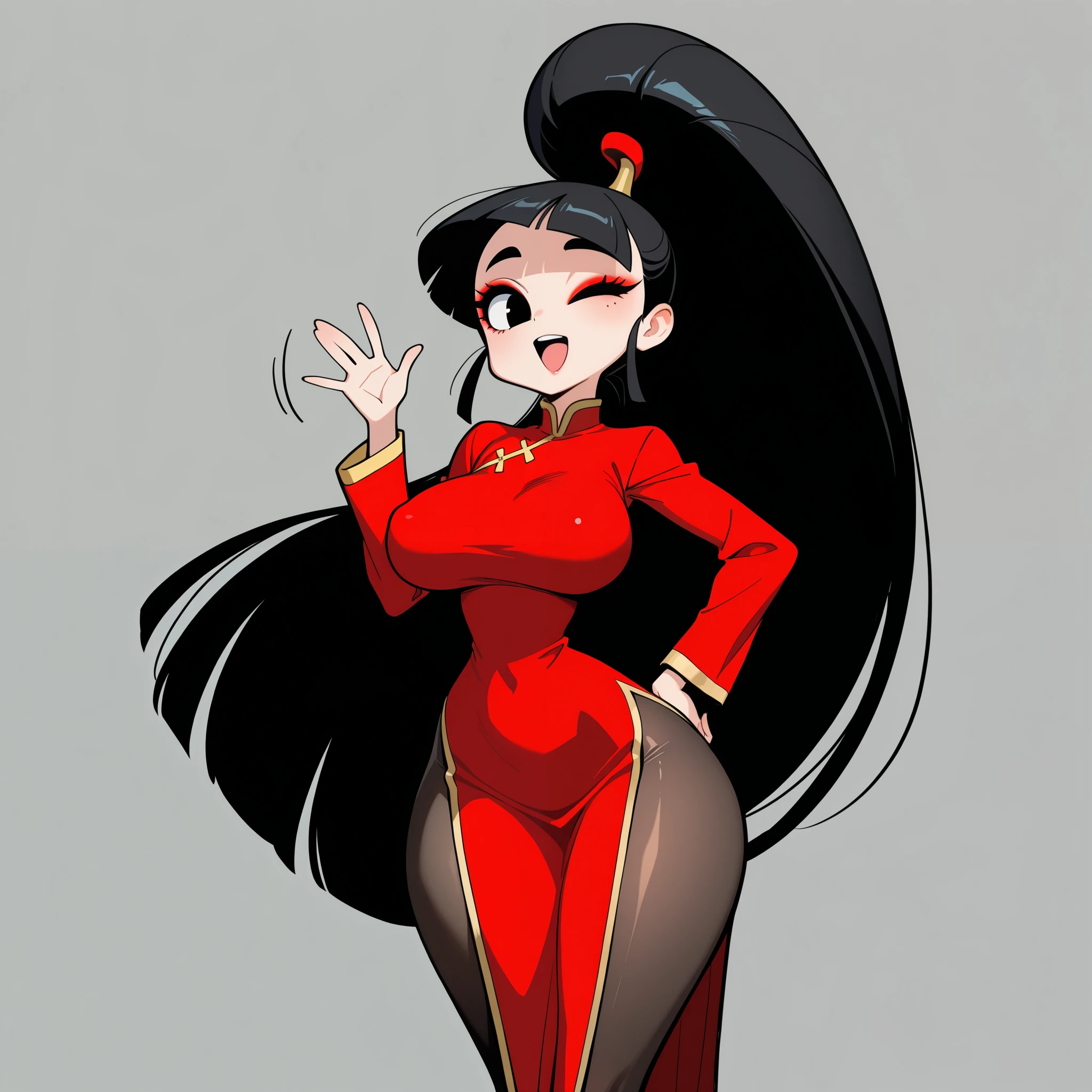 1girl, solo, very long black hair, ponytail, blunt bangs, black eyes, makeup, eyelashes, eyeshadow, big breasts, narrow waist, wide hips, thighs, red qipao dress, long sleeves, black pantyhose, smile, open mouth, wink, cute, hand on hips, waving hand, standing, looking at viewer, simple background, from the front view, diives