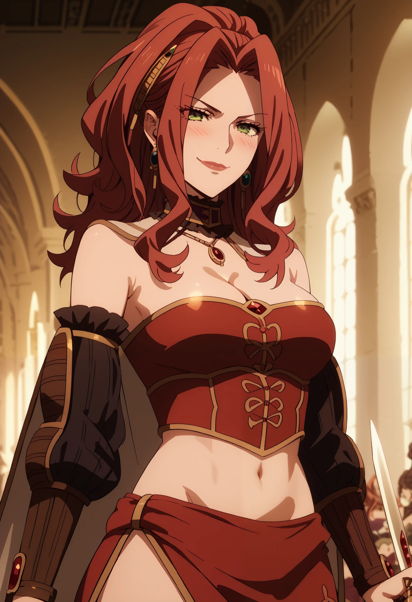 Malty Melromarc (The Rising of the Shiel) beautiful body,athletic body, beautiful breasts, bracelets,ring,braceletes,collar,tiara,visible private parts , ultra detailed image, anime image ,girl, anime malty, medium Breasts, excitement, red hair, green eyes , ear piercing, long hair, blush, lipstick,Hot girl, baddie, sensual, attractive ,jewelry, earrings, large breasts, long hair, black eyes,||1. yomamabhamazon, navel, crop top, red clothing, cleavage, long sleeve, side slit, bare shoulder, off shoulder, dragon tattoo, narrowed eyes, tattoo midriff , smirk, castle,inside castle, masterpiece,best quality,mature,evil smile ,necklace,pendant, (nsfw) not safe for work, exposed belly, exposed navel, midriff, exposed lower belly, ,cleavage, , fur trimmed corset,holding a sword, sword, cleavage,