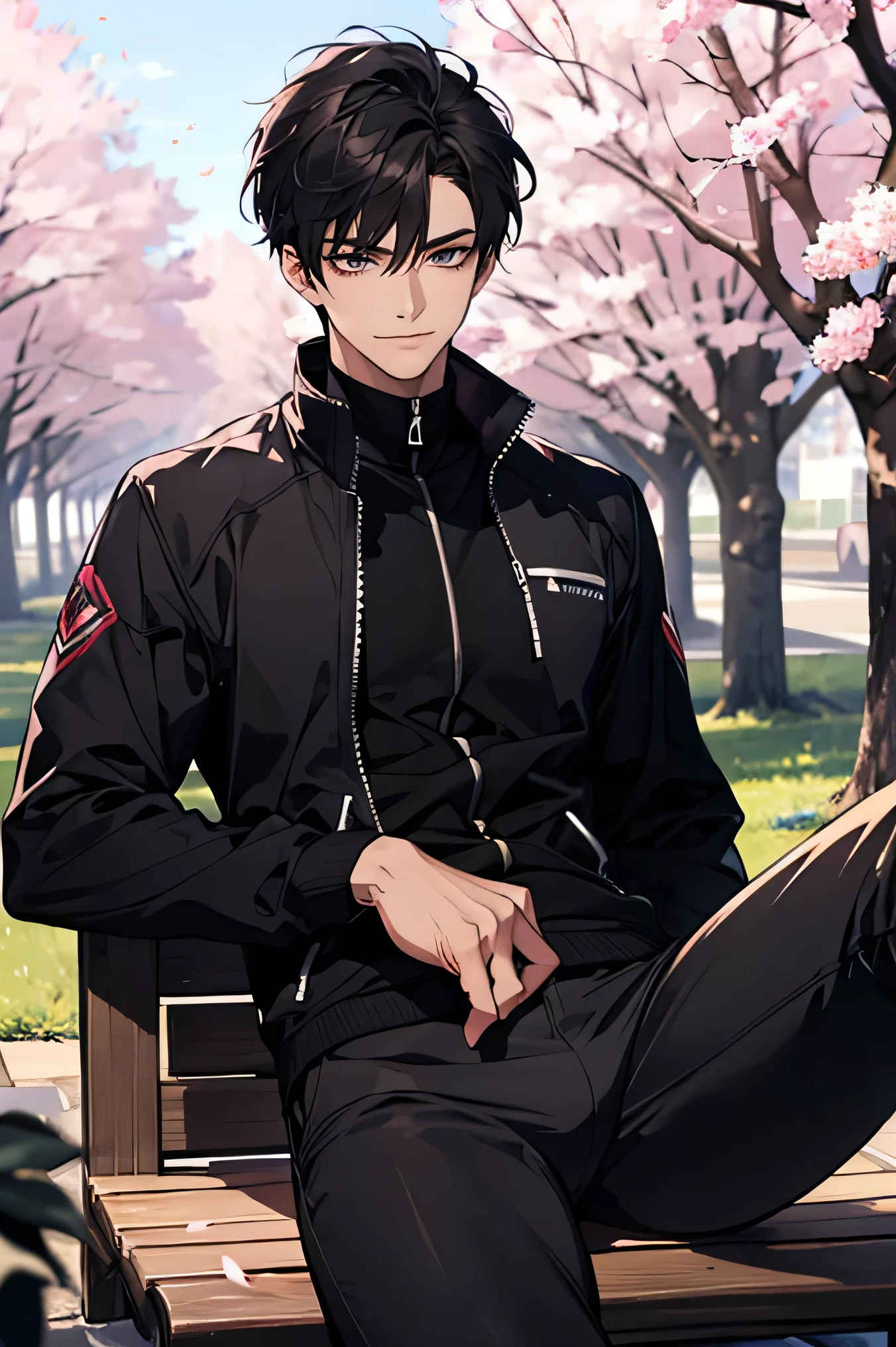Man Two handsome very short black hair Fierce smile wide thigh opening under a cherry tree solid black long sleeve solid black tight high neck shirt full zip up Tight Long Pants Mega Bulge slim figure wide thigh opening